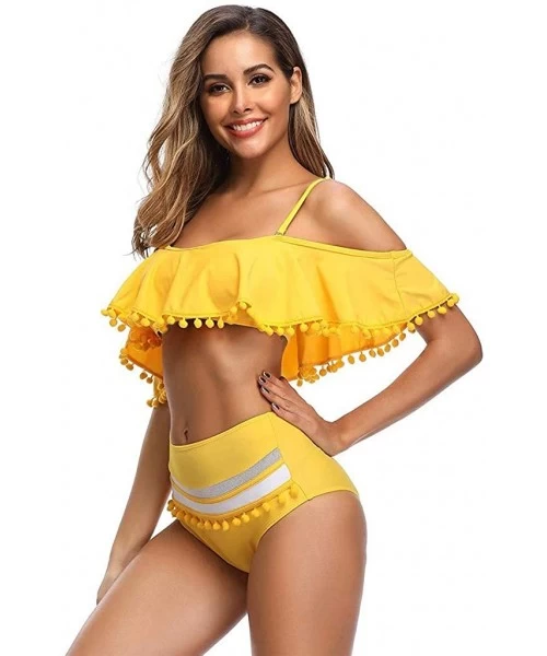 Sets Women Mesh Striped Bikini Set Off The Shoulder Ruffle Tassel Trim Top High Waisted Halter Straps Swimsuit Yellow - C118U...