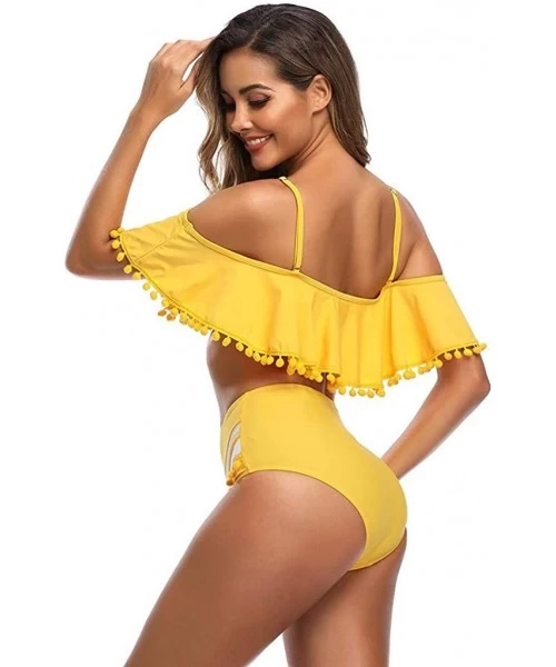 Sets Women Mesh Striped Bikini Set Off The Shoulder Ruffle Tassel Trim Top High Waisted Halter Straps Swimsuit Yellow - C118U...