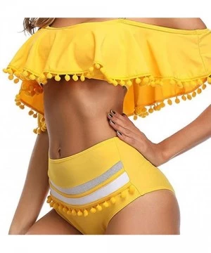 Sets Women Mesh Striped Bikini Set Off The Shoulder Ruffle Tassel Trim Top High Waisted Halter Straps Swimsuit Yellow - C118U...