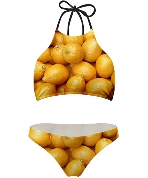 Sets Women High Neck Top Bikini Charming Bottom 2PCS Swimsuit - Yellow Lemons - CT18QZXUO7T