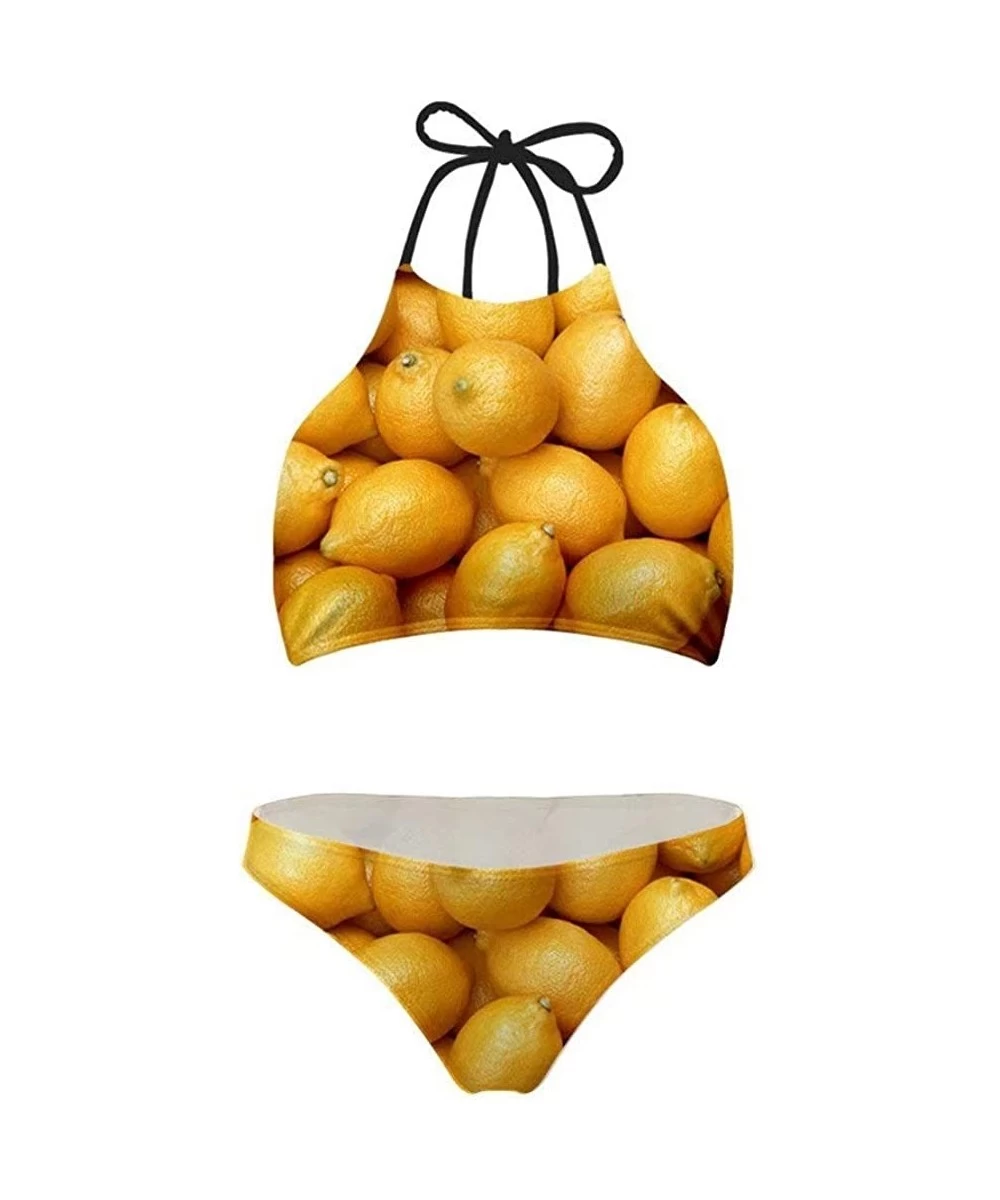 Sets Women High Neck Top Bikini Charming Bottom 2PCS Swimsuit - Yellow Lemons - CT18QZXUO7T