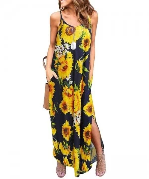 Cover-Ups Sleeveless Strappy Cami Maxi Long Dress V Neck with Pockets Casual Beach Skirt Cover Up Slits - Yellow Print - CR18...