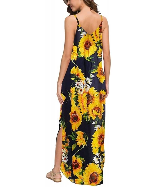 Cover-Ups Sleeveless Strappy Cami Maxi Long Dress V Neck with Pockets Casual Beach Skirt Cover Up Slits - Yellow Print - CR18...