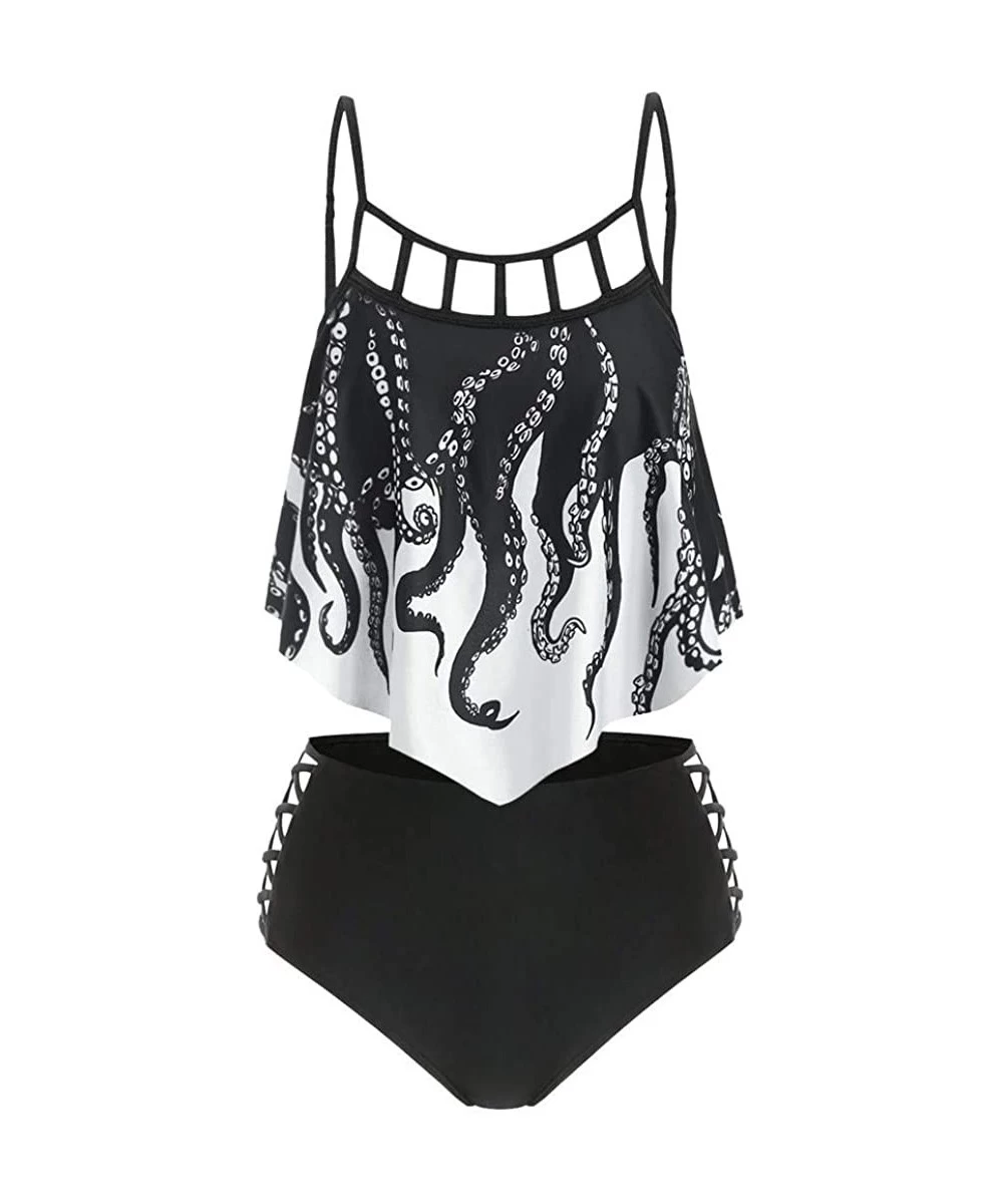 Sets Women Push Up Padded Octopus Print Flounce Crisscross Tankini Swimwear Hollow Split Swimsuit 2 Piece Bikini Black - CA19...