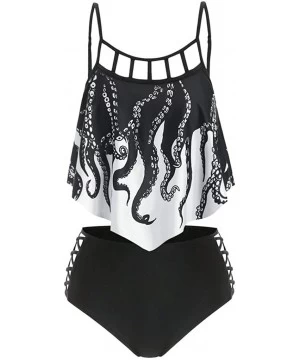 Sets Women Push Up Padded Octopus Print Flounce Crisscross Tankini Swimwear Hollow Split Swimsuit 2 Piece Bikini Black - CA19...