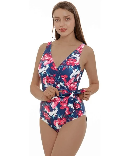 One-Pieces Women's Bowknot One Piece Swimsuit V Neck Backless Beach Swimwear Low-U-Back Bathing Suit for Women - Rose - C0198...