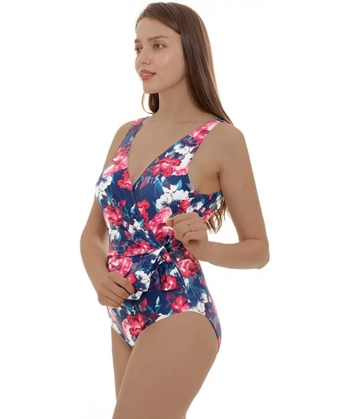 One-Pieces Women's Bowknot One Piece Swimsuit V Neck Backless Beach Swimwear Low-U-Back Bathing Suit for Women - Rose - C0198...