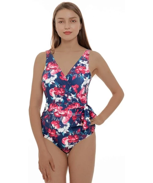 One-Pieces Women's Bowknot One Piece Swimsuit V Neck Backless Beach Swimwear Low-U-Back Bathing Suit for Women - Rose - C0198...