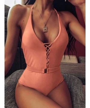 One-Pieces Womens One Piece Swimsuits V Neck Cutout Lace Up Halter Belt High Waist Swimwear - Orange - C9194CGREYG