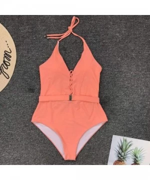 One-Pieces Womens One Piece Swimsuits V Neck Cutout Lace Up Halter Belt High Waist Swimwear - Orange - C9194CGREYG