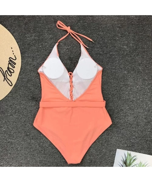 One-Pieces Womens One Piece Swimsuits V Neck Cutout Lace Up Halter Belt High Waist Swimwear - Orange - C9194CGREYG