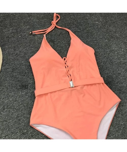 One-Pieces Womens One Piece Swimsuits V Neck Cutout Lace Up Halter Belt High Waist Swimwear - Orange - C9194CGREYG