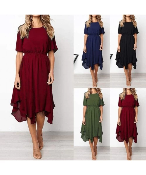 Cover-Ups Summer Casual Dresses for Women Irregular Short Sleeve Knee Length Dress Plain Tunic Dress Evening Party Dress - A-...