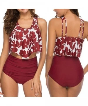 Tops 2PC Women Bikini Set High Waist Swimsuit Floral Print Bathinsuit Beach Swimwear - Wine a - CR19620LDLZ