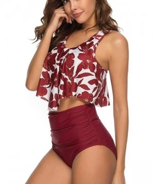 Tops 2PC Women Bikini Set High Waist Swimsuit Floral Print Bathinsuit Beach Swimwear - Wine a - CR19620LDLZ