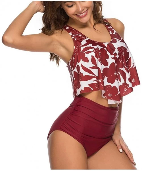 Tops 2PC Women Bikini Set High Waist Swimsuit Floral Print Bathinsuit Beach Swimwear - Wine a - CR19620LDLZ