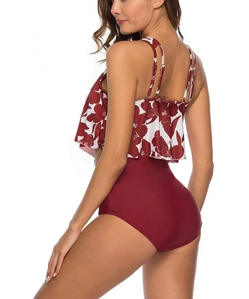 Tops 2PC Women Bikini Set High Waist Swimsuit Floral Print Bathinsuit Beach Swimwear - Wine a - CR19620LDLZ