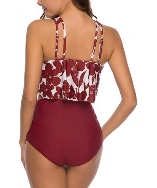 Tops 2PC Women Bikini Set High Waist Swimsuit Floral Print Bathinsuit Beach Swimwear - Wine a - CR19620LDLZ