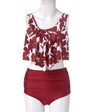 Tops 2PC Women Bikini Set High Waist Swimsuit Floral Print Bathinsuit Beach Swimwear - Wine a - CR19620LDLZ