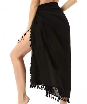 Cover-Ups Women Swimwear Cool Beach Cover Up Bikini Sarong Swimsuit Wrap Skirt Cover Up White - Black-long Tassel - CJ193OZA39S