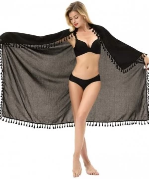 Cover-Ups Women Swimwear Cool Beach Cover Up Bikini Sarong Swimsuit Wrap Skirt Cover Up White - Black-long Tassel - CJ193OZA39S