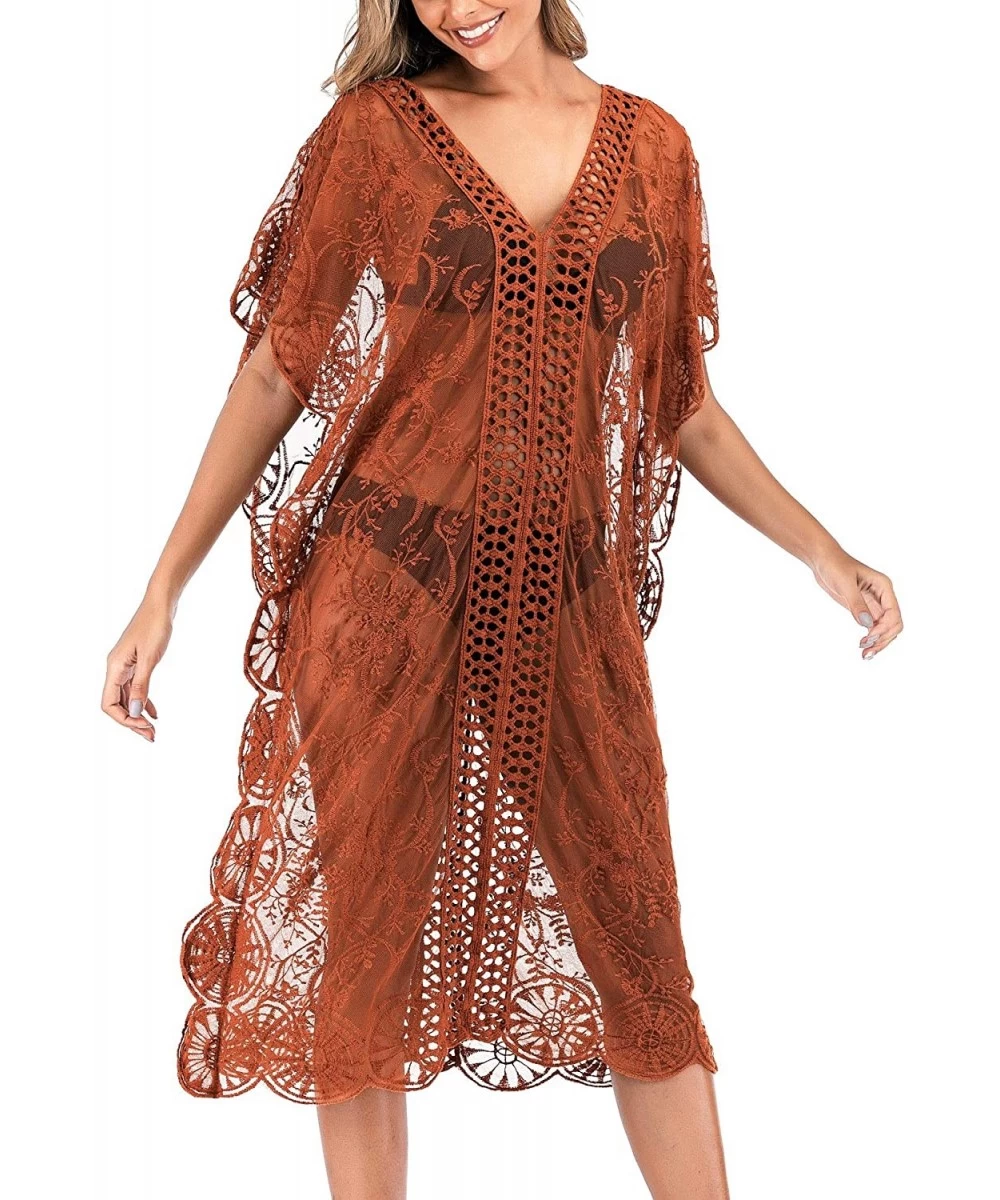 Cover-Ups Womens Sexy V Neck Lace Crochet Sheer Long Oversized Swimsuit Cover Up Beach Dress - Coffe - CY193274X6H