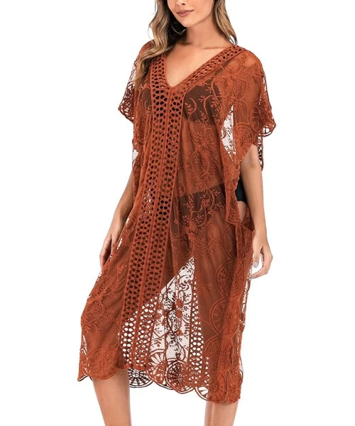 Cover-Ups Womens Sexy V Neck Lace Crochet Sheer Long Oversized Swimsuit Cover Up Beach Dress - Coffe - CY193274X6H