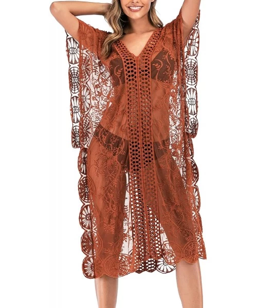 Cover-Ups Womens Sexy V Neck Lace Crochet Sheer Long Oversized Swimsuit Cover Up Beach Dress - Coffe - CY193274X6H