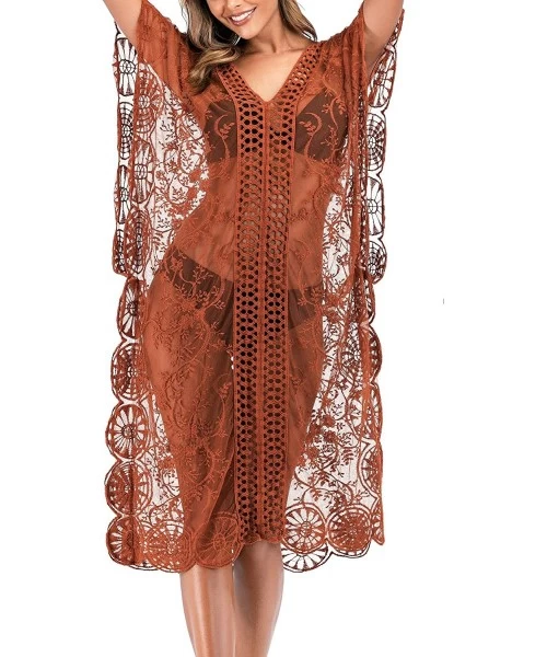 Cover-Ups Womens Sexy V Neck Lace Crochet Sheer Long Oversized Swimsuit Cover Up Beach Dress - Coffe - CY193274X6H