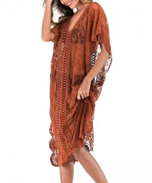 Cover-Ups Womens Sexy V Neck Lace Crochet Sheer Long Oversized Swimsuit Cover Up Beach Dress - Coffe - CY193274X6H