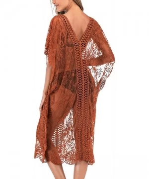 Cover-Ups Womens Sexy V Neck Lace Crochet Sheer Long Oversized Swimsuit Cover Up Beach Dress - Coffe - CY193274X6H