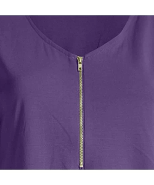 Board Shorts Leisure Solid Color Zipper Sewn Cup Sleeve O-Neck T-Shirt - Purple - CX18S645YML