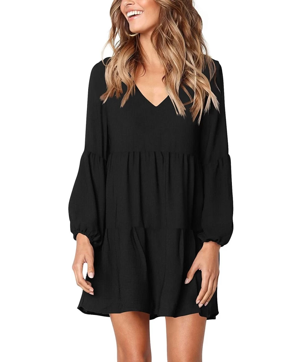 Cover-Ups Women Summer Tunic Dress V Neck Casual Loose Flowy Swing Shift Dresses - A Black - CP18H636U4C