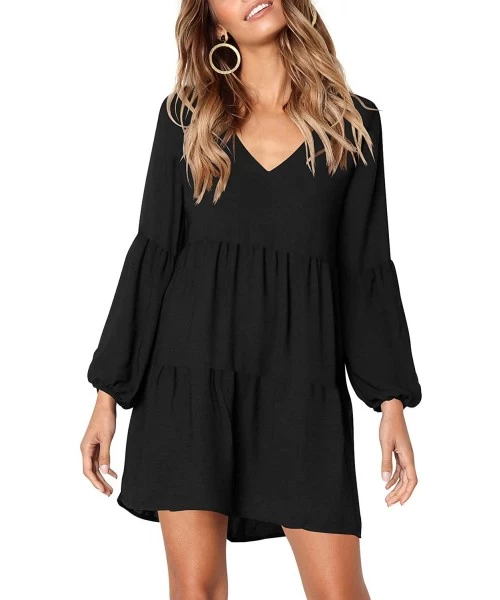 Cover-Ups Women Summer Tunic Dress V Neck Casual Loose Flowy Swing Shift Dresses - A Black - CP18H636U4C