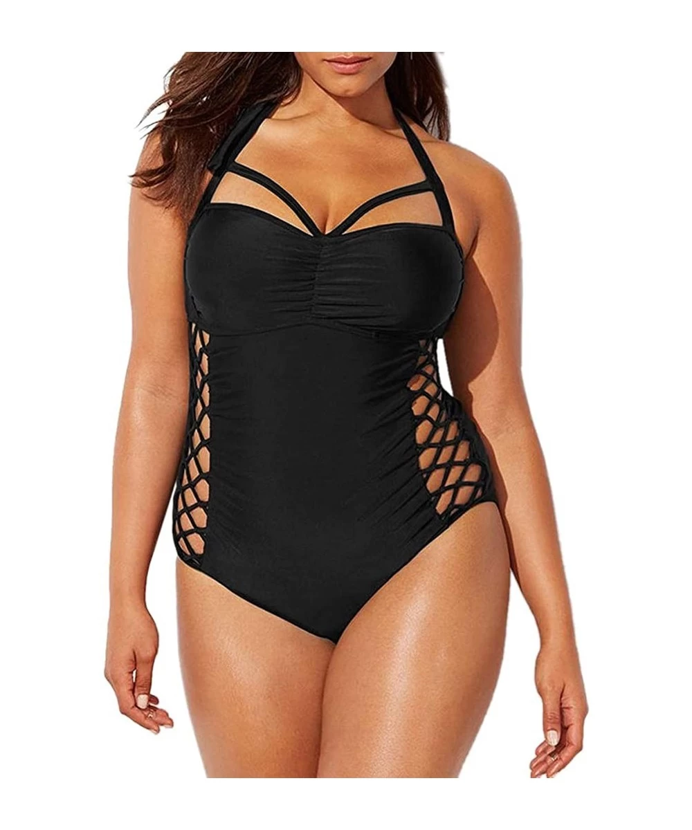 One-Pieces Women One Piece Plus Size Swimwear Sexy Cut Out Halter Monokini Bathing Suit - Black - CK18QRSNI8Q