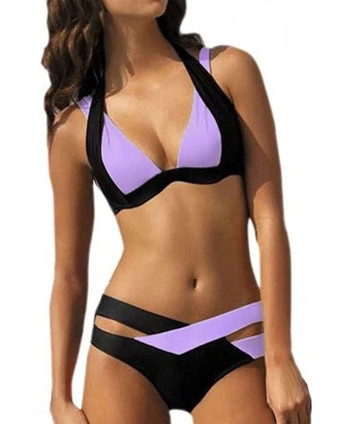 Sets Women's Two Pieces Swimsuit Crochet Lace High Waist V Neck Bikini Set Swimsuit - Purple 2 - CC193XEX9UW