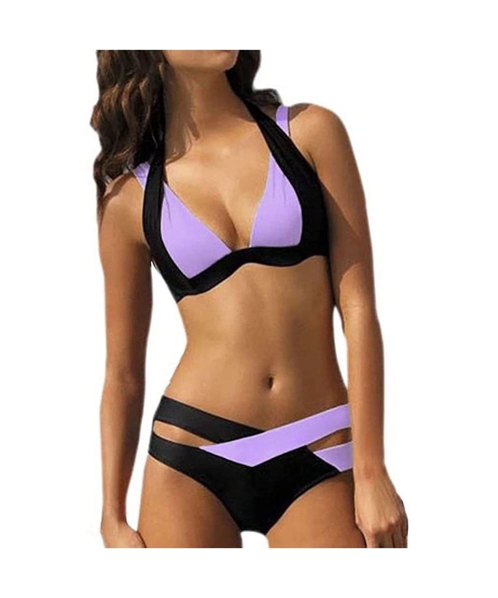 Sets Women's Two Pieces Swimsuit Crochet Lace High Waist V Neck Bikini Set Swimsuit - Purple 2 - CC193XEX9UW