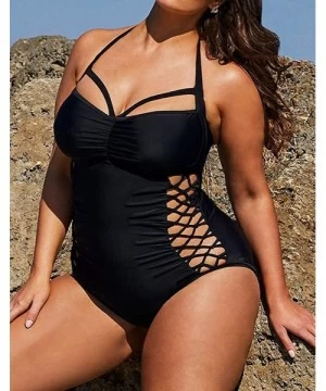 One-Pieces Women One Piece Plus Size Swimwear Sexy Cut Out Halter Monokini Bathing Suit - Black - CK18QRSNI8Q