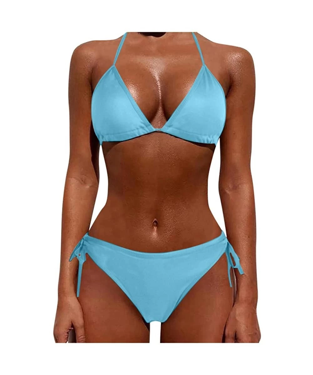 Bottoms Women's Sexy Solid Color Two Piece Padded Push Up with Tie Side Bottom Brazilian Swimsuit Bathing Suits - Blue - CP19...