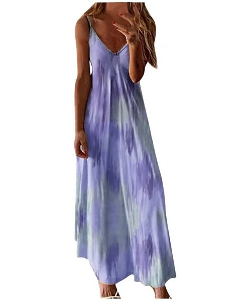 Cover-Ups 2020 Sleeveless Floral Boho Long Dress- V Neck Loose Tie Dye Floor Dresses for Summer Vocation - Purple - CB199AX0EUQ