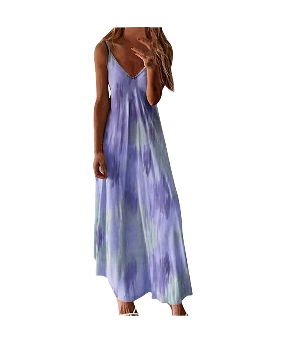 Cover-Ups 2020 Sleeveless Floral Boho Long Dress- V Neck Loose Tie Dye Floor Dresses for Summer Vocation - Purple - CB199AX0EUQ