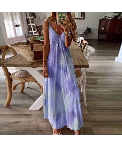 Cover-Ups 2020 Sleeveless Floral Boho Long Dress- V Neck Loose Tie Dye Floor Dresses for Summer Vocation - Purple - CB199AX0EUQ