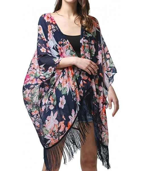 Cover-Ups Women's Chiffon Kimono Cardigan Coverup Tops - 11 Navy - CH12DKOZRGB