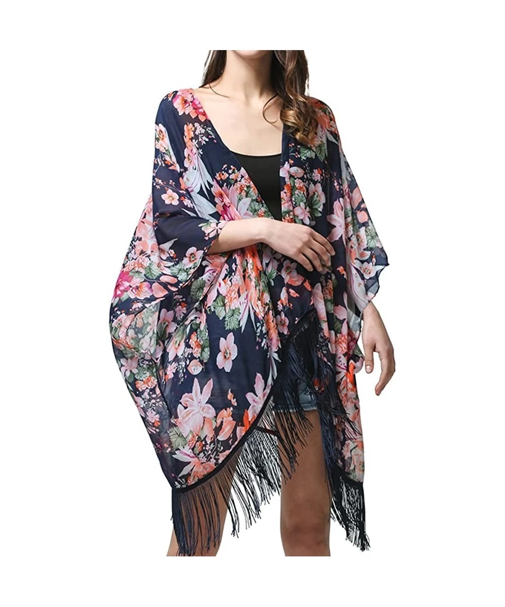 Cover-Ups Women's Chiffon Kimono Cardigan Coverup Tops - 11 Navy - CH12DKOZRGB