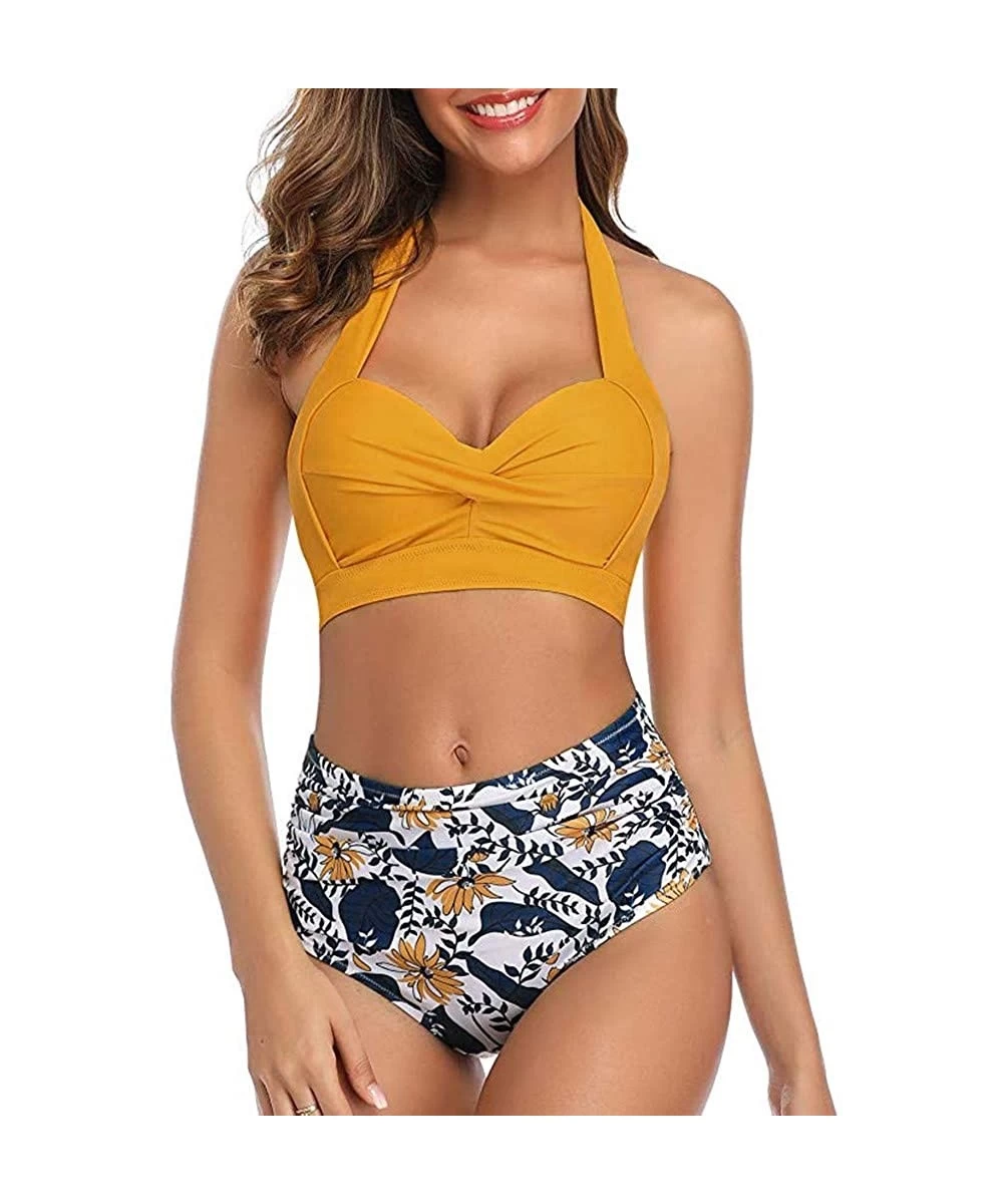 Sets Women Vintage Swimsuit Two Piece Retro Halter Ruched High Waist Bikini - Yellow - CP194XMHLQO