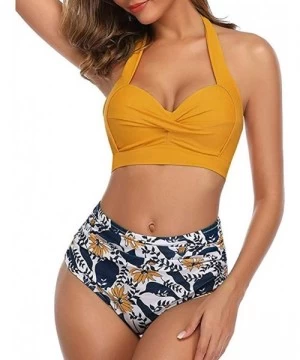 Sets Women Vintage Swimsuit Two Piece Retro Halter Ruched High Waist Bikini - Yellow - CP194XMHLQO