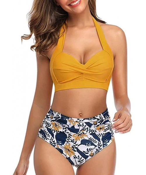 Sets Women Vintage Swimsuit Two Piece Retro Halter Ruched High Waist Bikini - Yellow - CP194XMHLQO