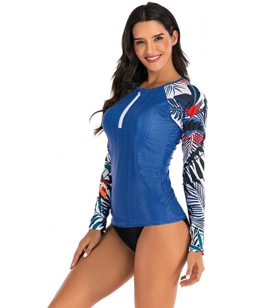 Racing Women's Long Sleeves Rash Guard Athletic Swimwear Two Piece Aztec Tankini Sets Swimsuit - 03 Tropical Blue - CT194L5ZDIY