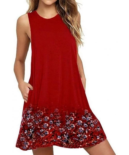 Cover-Ups Sleeveless A line Dress Floral Beach Dress Lounge Tank Dress Tunic Style with Two Pockets Crimson - CW19CM5XN62