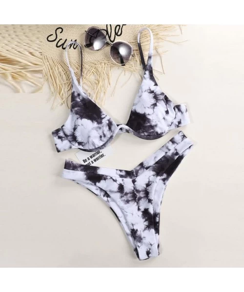 Sets Women's Bathing Suit Push up Triangle Bra Top High Cut Swimsuit Summer Beach Tie Dye Print Swimwear Bikini Set - CG19CGN...